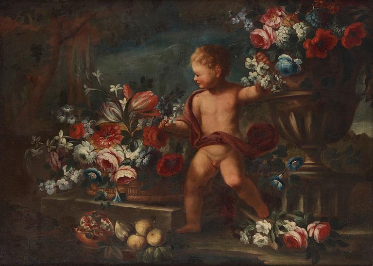 Abraham Brueghel Circle of, Still life with flower and putto.