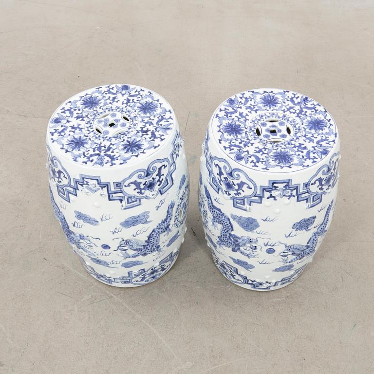 A pair of Chinese blue and white garden stools, 20th century.
