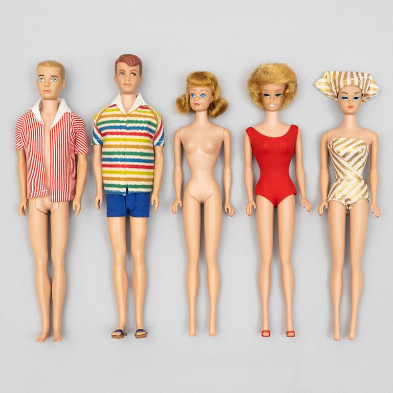 Barbiedockor, 5 st, bl a "Barbie Fashion Queen", "Midge", & "Ken", Mattel, 1960-tal.