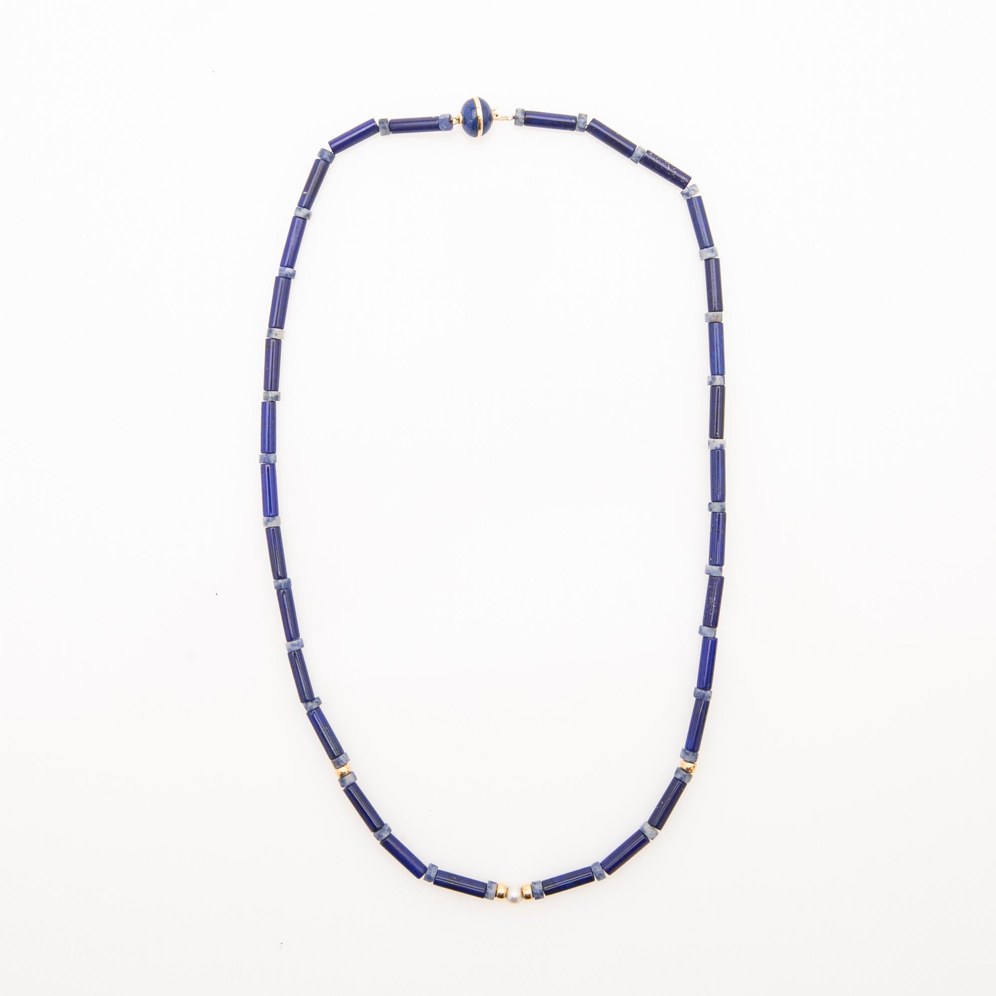 Necklace, lapis lazuli, gold and pearl.