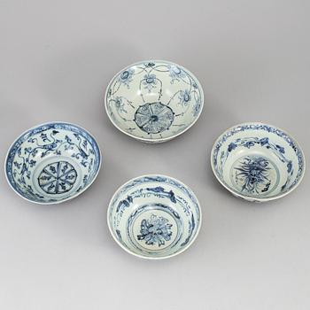 A group of five blue and white South East Asian ceramic bowls, 18th-20th Century.