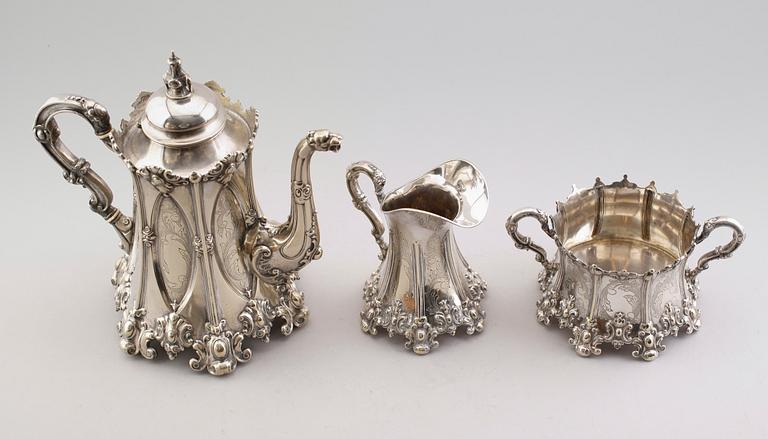 KAFFESERVIS, 3 delar, nysilver, CG Hallberg, omkring år 1900.