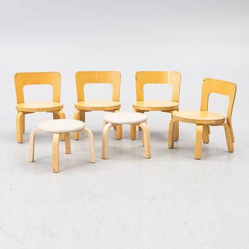 Alvar Aalto, children's chairs, 4 pcs + 2 stools, Artek, Finland.