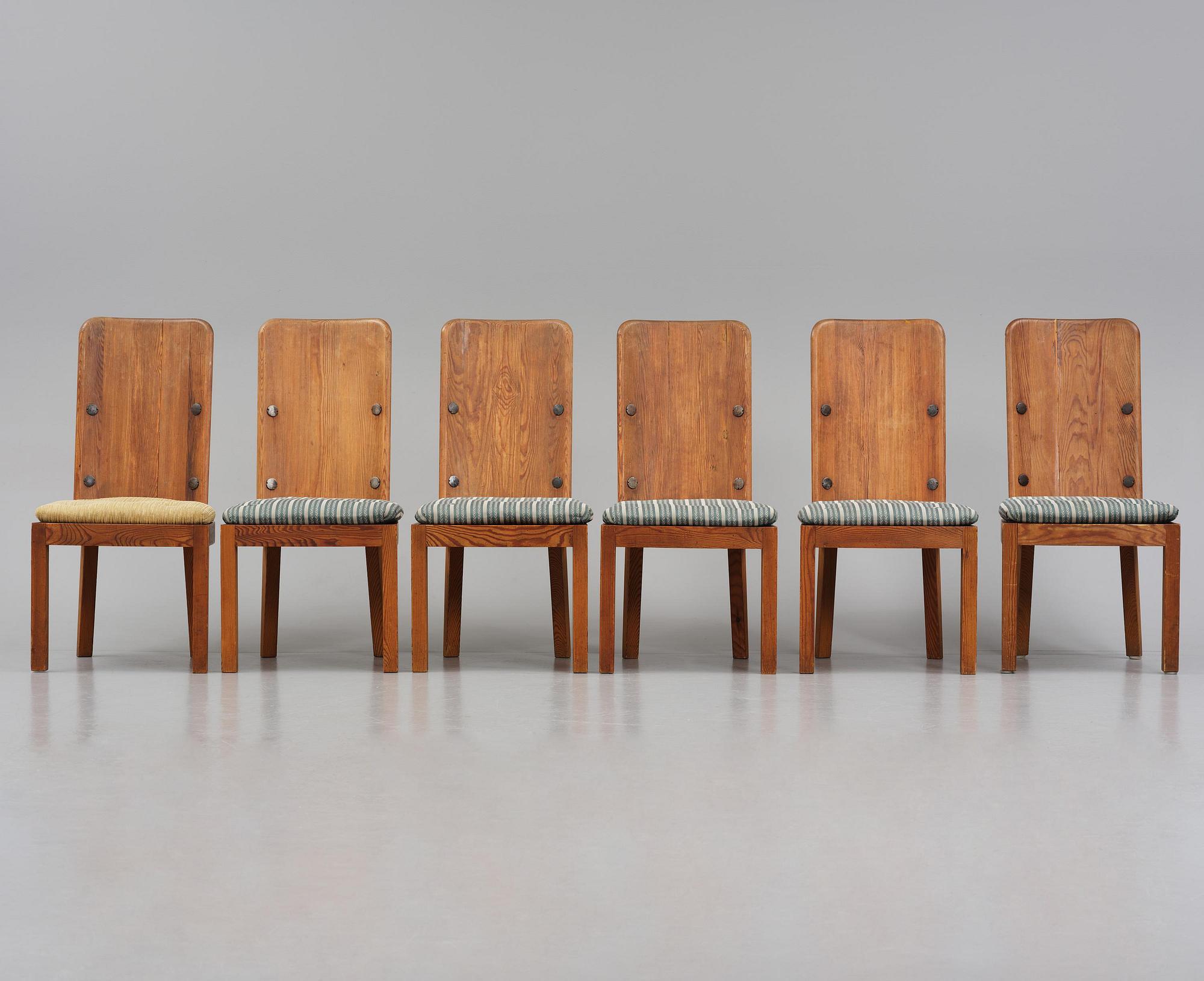 Axel Einar Hjorth, a set of six stained pine "Lovö" chairs, Nordiska Kompaniet, Sweden, 1930s.