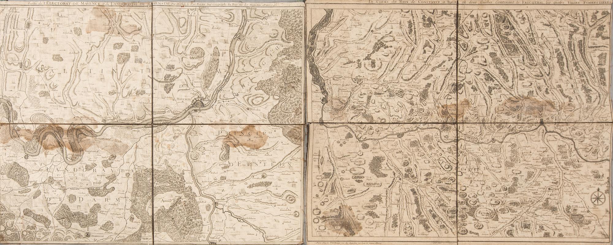 KARTA, Rhendalen, "Le Cours du Rhin de bale", le Rouge, Paris 1745, kopparstick.