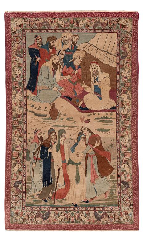 A semi-antique pictoral Kashan carpet, Central Persia, c. 214 x 130 cm.
