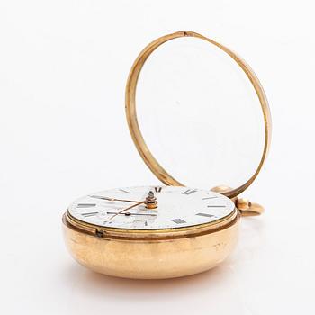 Taskukello, 52 mm, 18K kultaa, John Moncas, Liverpool, 1800-luvun ensimmäinen puolisko.