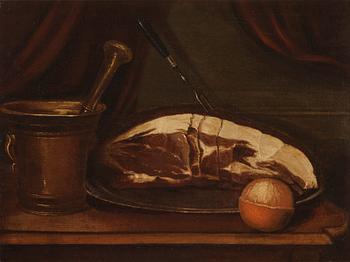 Pehr Hilleström, Still life with piece of meat, mortar, and bitter orange.