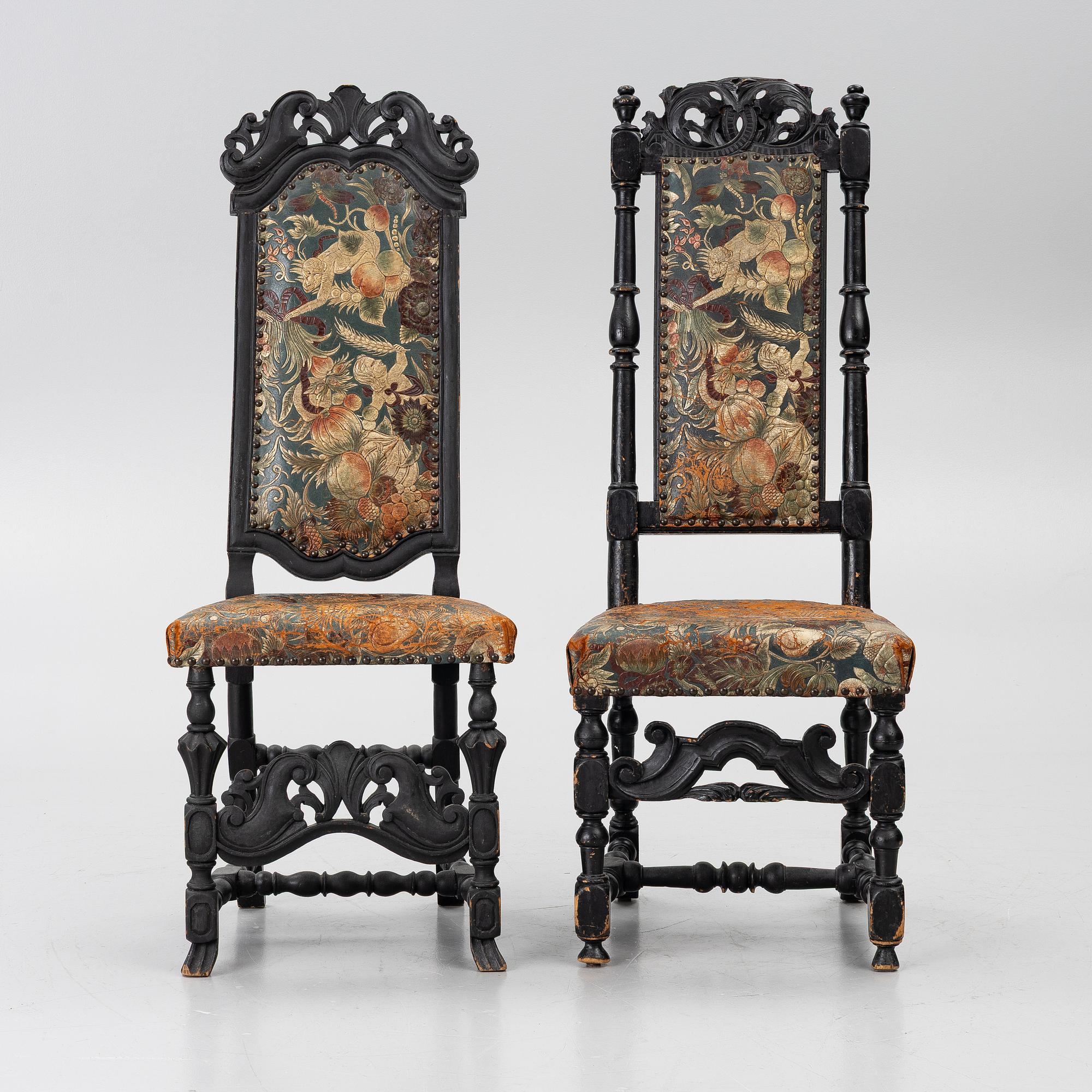 Two chairs, Caroline Baroque, 18th century.