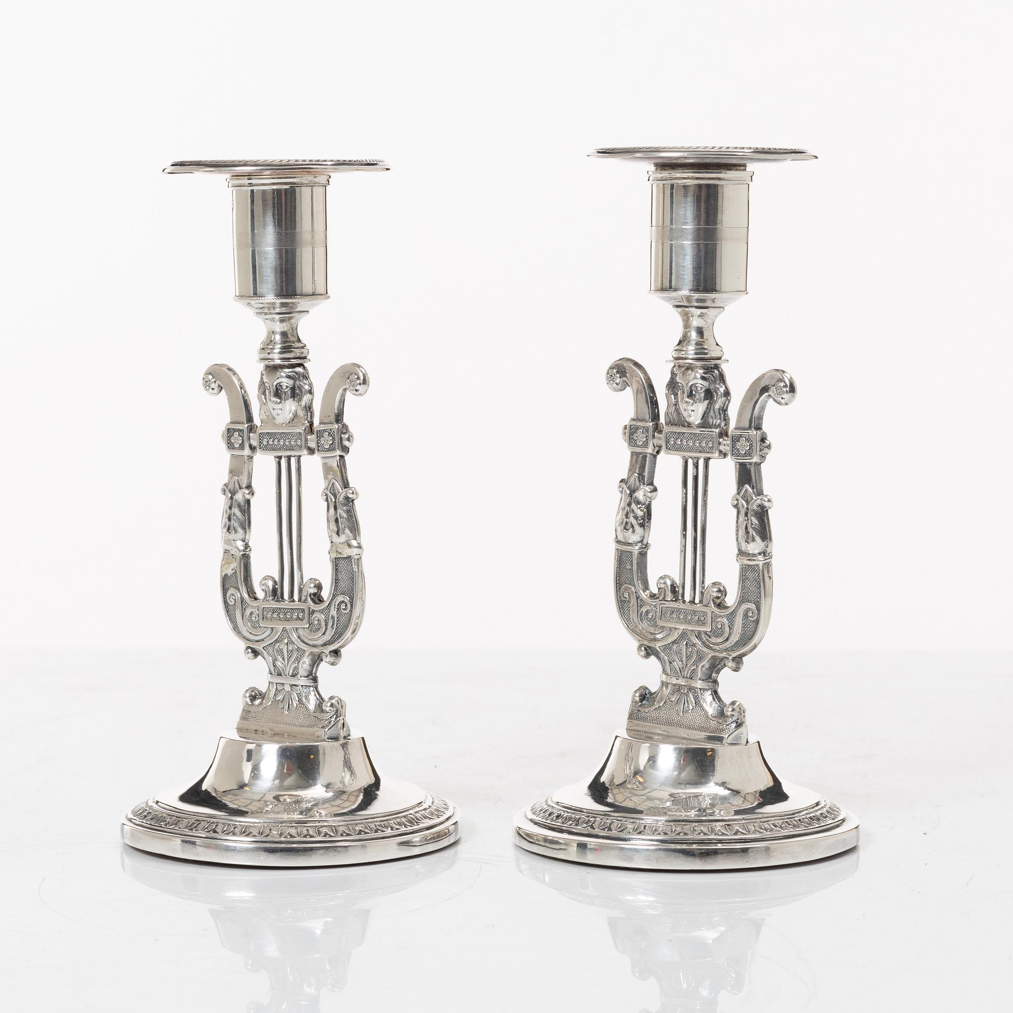 Empire, Johan Petter Grönvall, ljusstakar, ett par, silver, Stockholm 1826.