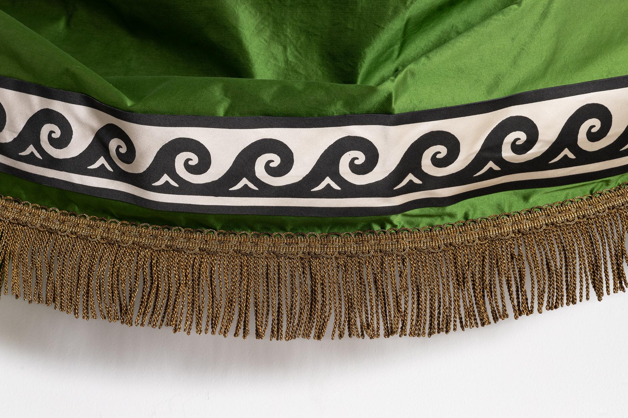 Curtains, a pair, green silk with ribbon embroidery.