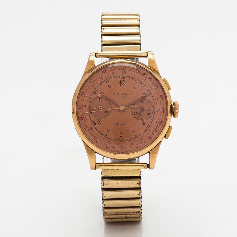 Chronographe Suisse, rannekello, 37,5 mm, 18K kultaa, manuaalinen, pleksilasi.