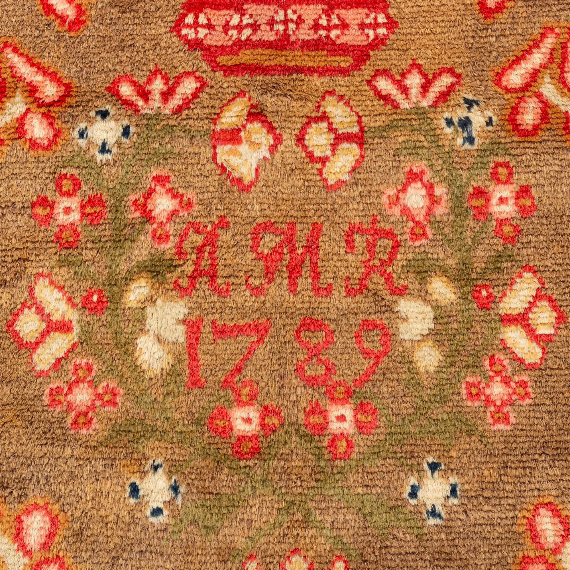 Täcke, rya, ca 181,5 x 160 cm, Finland, daterad 1789.