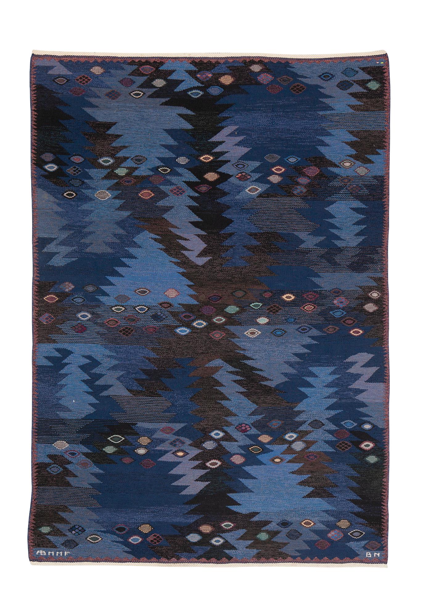 Barbro Nilsson, a carpet, "Tånga blå", flat weave, ca 243,5 x 173 cm, signed AB MMF BN.