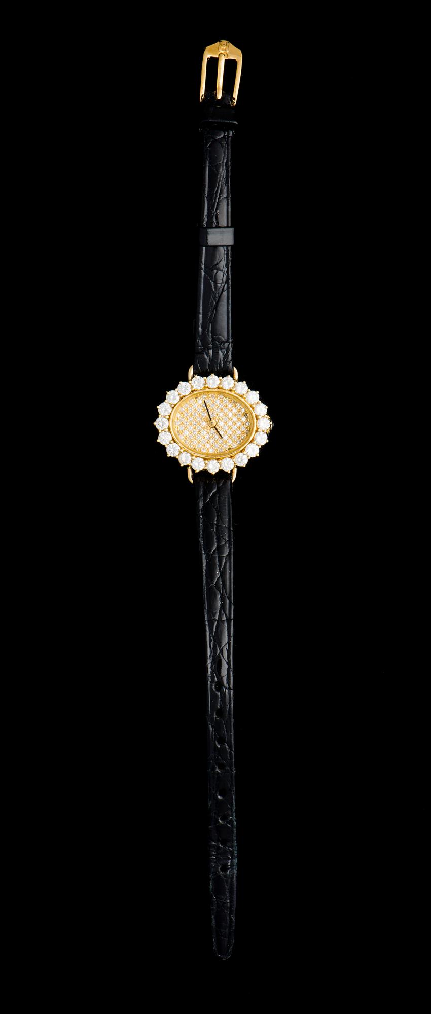 ARMBANDSUR, dam, guld, briljant- och 8/8-slipade diamanter, svart läderarmband.