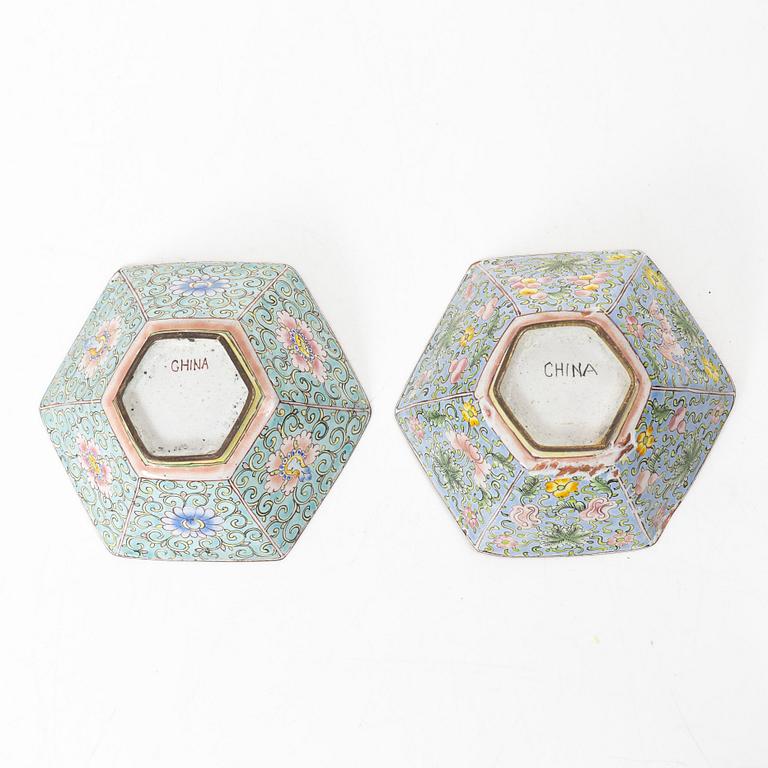 A set of six Chinese enamel on copper bowls and a dish, Qing dynasty and 20th century.