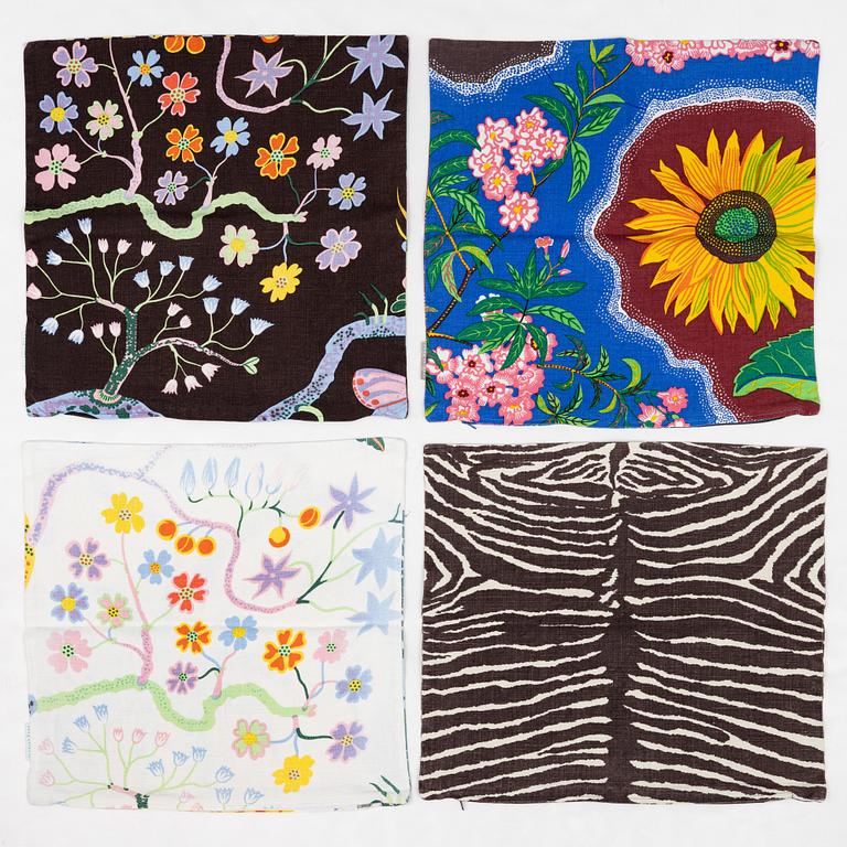 Josef Frank, three pillow cases from Firma Svenskt Tenn, Sweden, and one "le zebre" by Brunschwig & Fils.