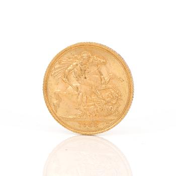 GULDMYNT, sovereign, Elizabeth II, Storbrittannien 1958. Vikt ca 8 gram.