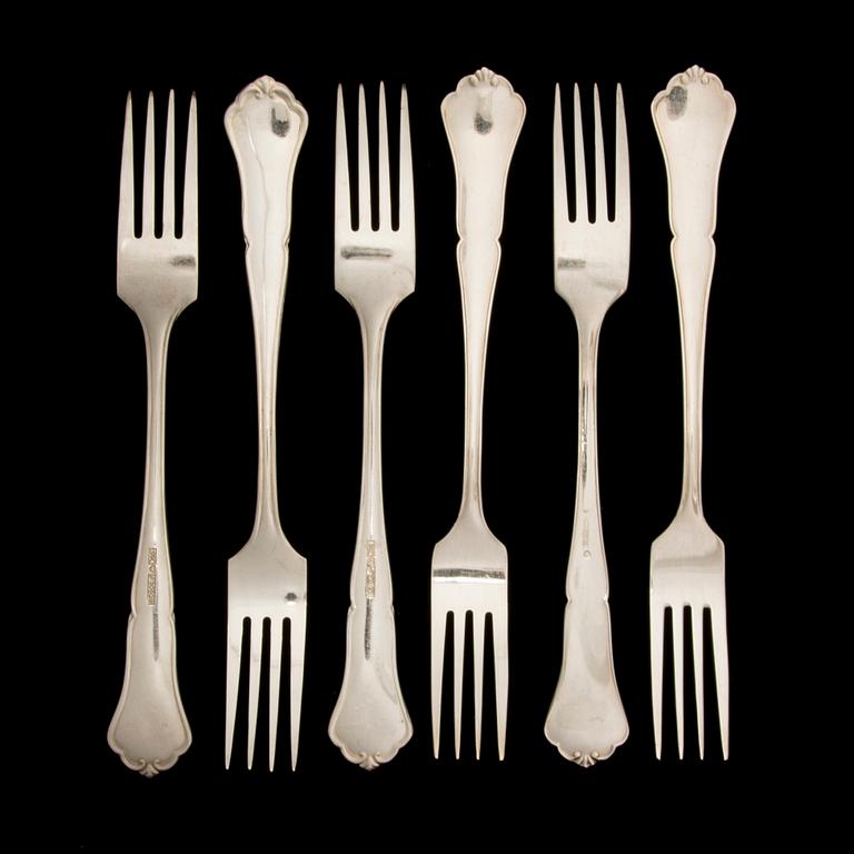 BESTICKUPPSÄTTNING, 18 delar, silver och nysilver, "Chippendale". 1900-talets senare hälft.