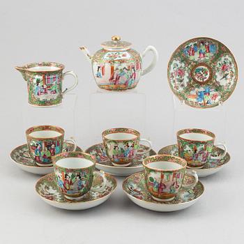 A group of seven famille rose Canton coffee service parts, Qing dynasty, late 19th century.