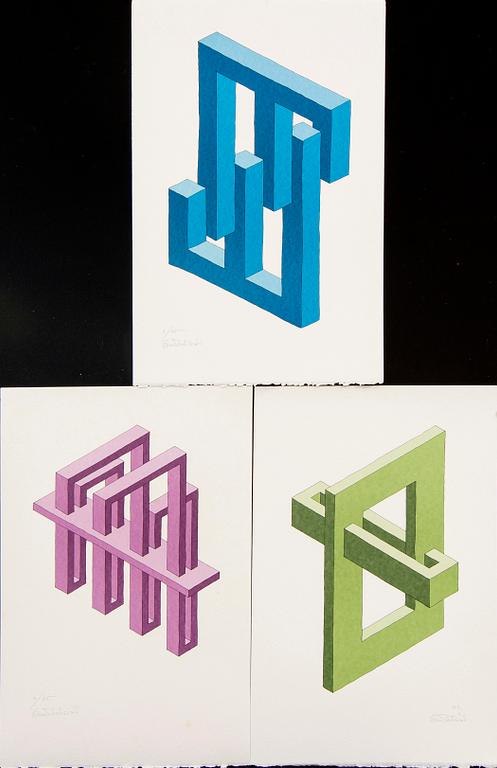 Oscar Reutersvärd, three color lithographs, signed 6/75, 4/75 samt HC.