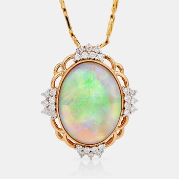 A opal, 22x16 mm, and diamond necklace.