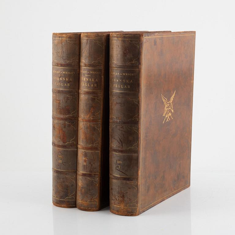 Three volumes of 'Svenska fåglar' by the von Wright brother, A. Börtzells tryckeri AB, Stockholm, 1924-1929.