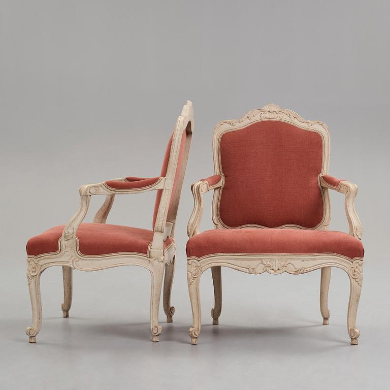 A Rococo 18th century armchair in the manner of Olof Höglander (master in Stockholm 1750-65). One later copy included.