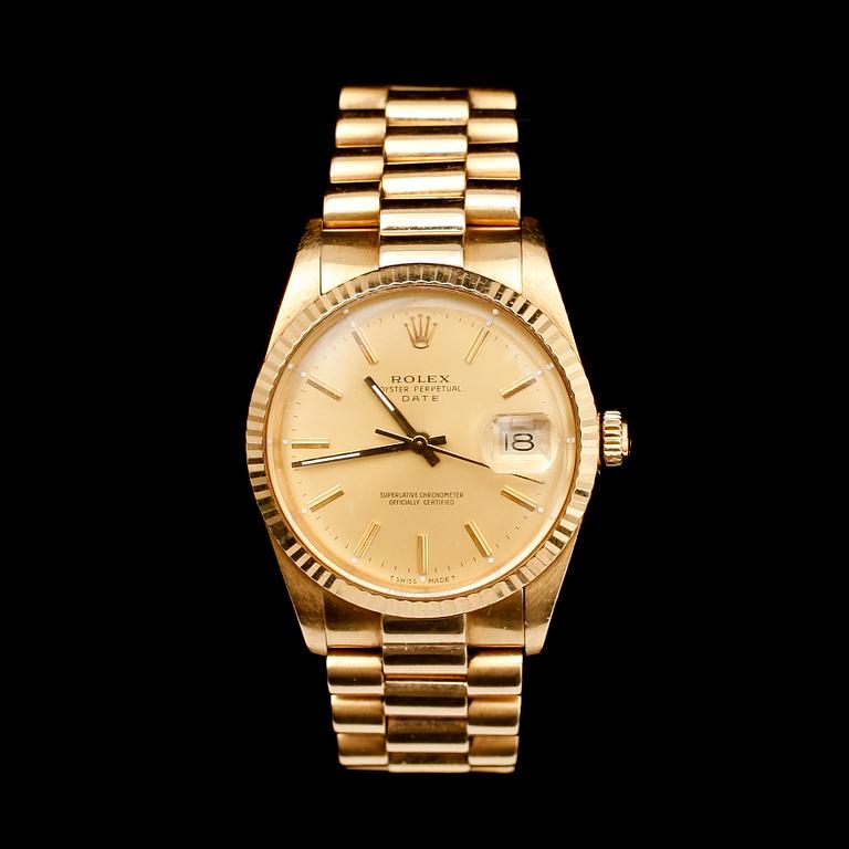 ARMBANDSUR, 18 k guld, Rolex Oyster Perpetual Date, chronometer, ca år 1987.