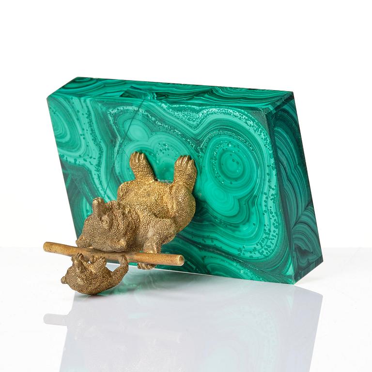 A Russian Nicholas II malachite-veneered and gilt-bronze paperweight, late 19th century.