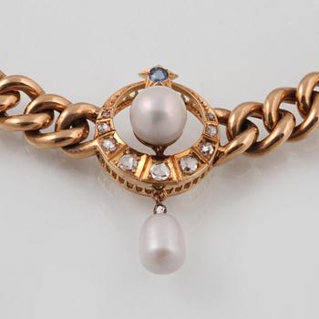 COLLIER, 18K guld med rosenslipade diamanter, blå safirer samt odlade pärlor, Gustav Dahlgren & Co, Malmö, 1996.