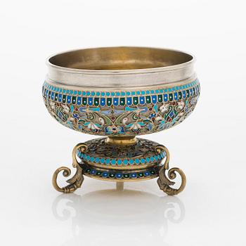 Ovchinnikov, a footed cloisonné enamel parcel-gilt bowl, Imperial warrant mark, Moscow 1896.
