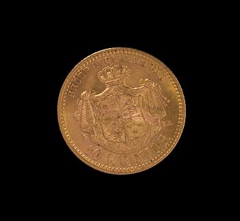 GULDMYNT, 10 kr, Oscar II, 1901. Vikt 4,5 g.
