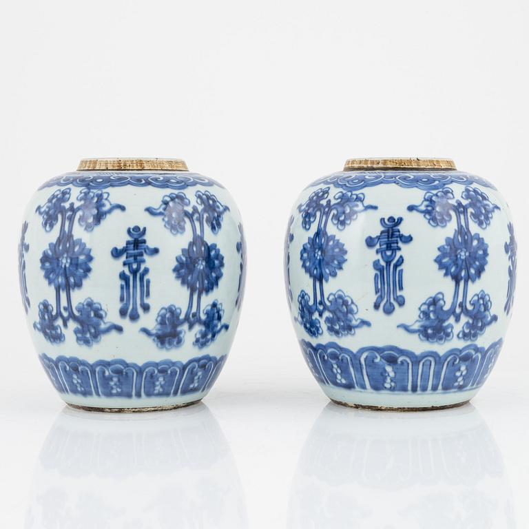 A pair of Chinese blue and white jars, Qing dynasty, 18th Century.