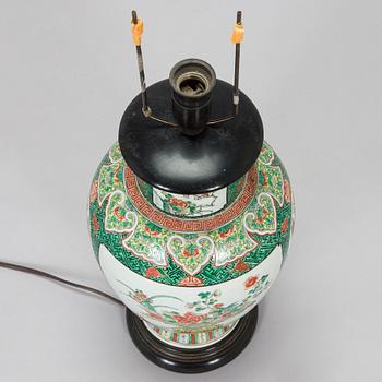 A famille verte vase, made in to a lamp, 20th century.