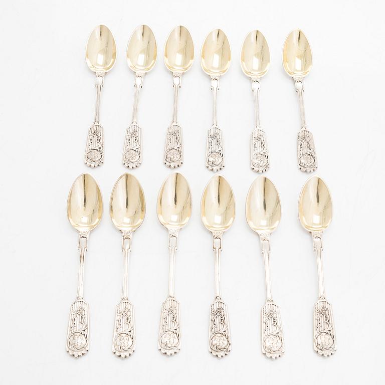 Kaffeskedar, 12 st, silver, S:t Petersburg 1898-1903, oidentifierad mästare AS. Originaletui.