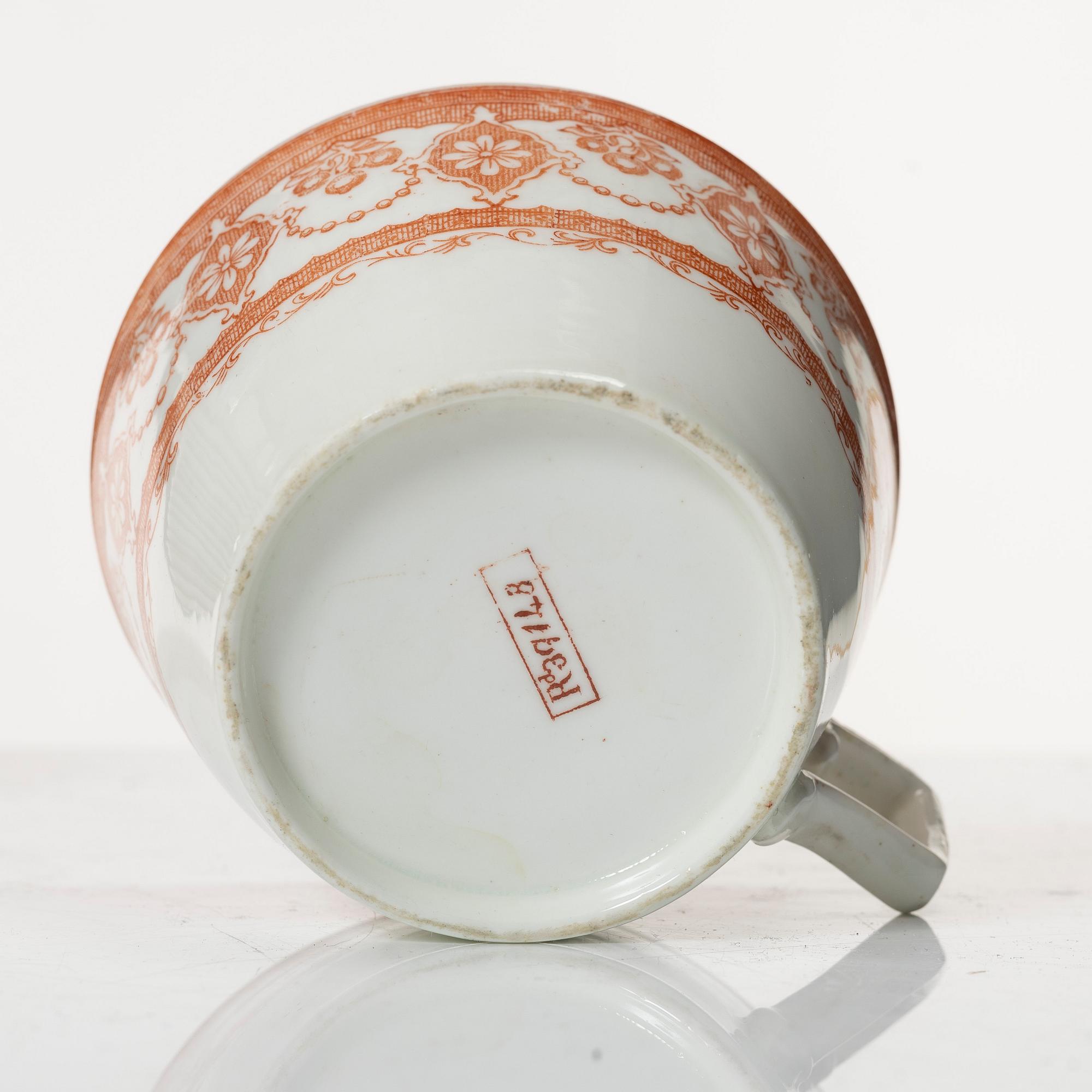 Tekoppar med fat, porslin, 19 st, troligtvis England, omkring år 1900.