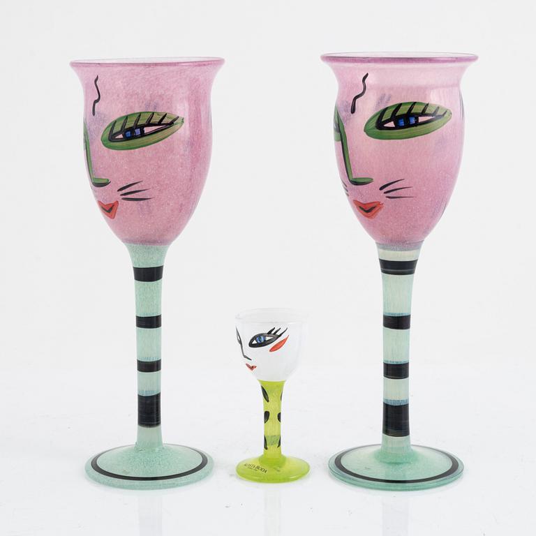 Ulrica Hydman-Vallien, "Open Minds", 2 goblets and 1 shot glass, Kosta Boda.