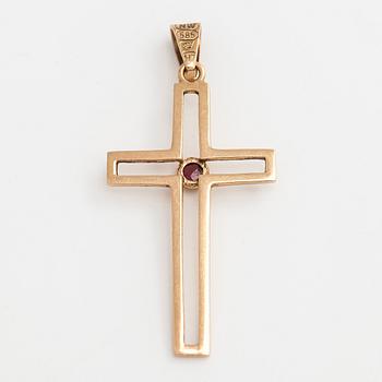 Pendant / cross, cabochon cut garnet, 14K gold, Westerback, Helsinki 1961.