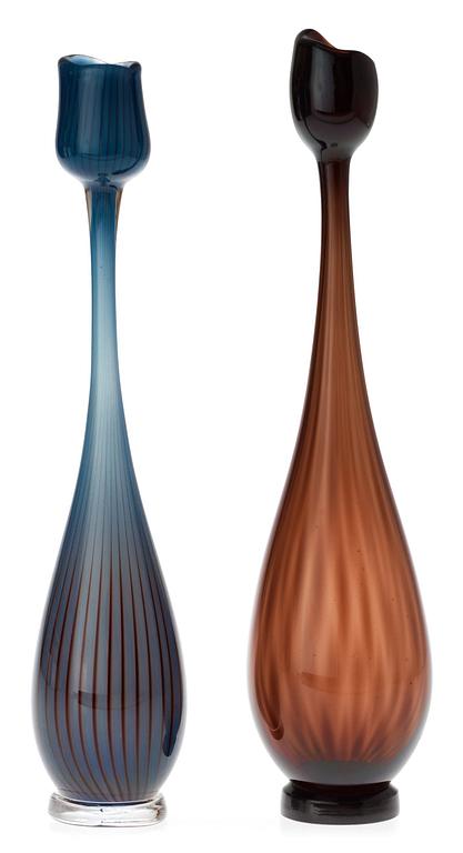 Two Vicke Lindstrand 'Colora' glass vases, Kosta 1950's.