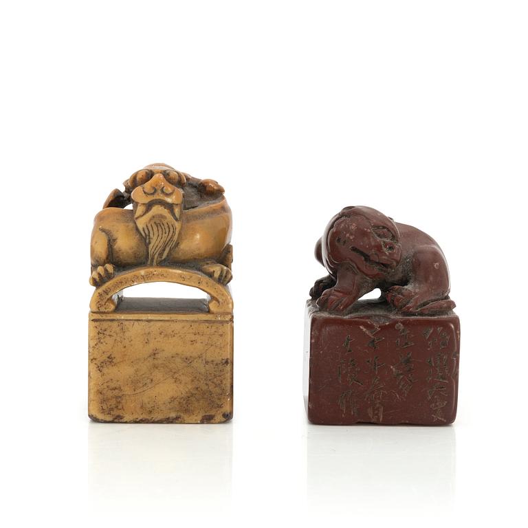 Two Chinese seals, in red and yellow stone.