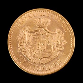 GULDMYNT, 10 kronor, Oscar II, 1901.  Vikt ca 5 gram.