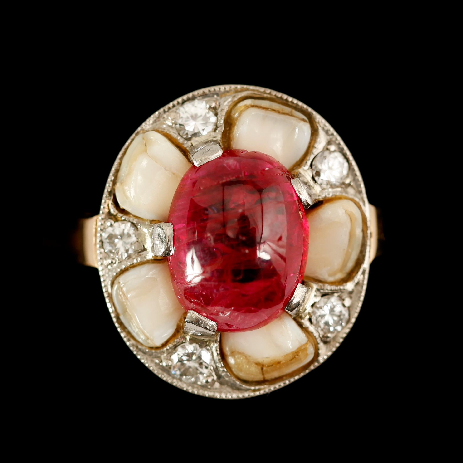 RING, 18 k guld, rubin, diamanter, pärlemo, svenska stämplar, MGAB, 1960.