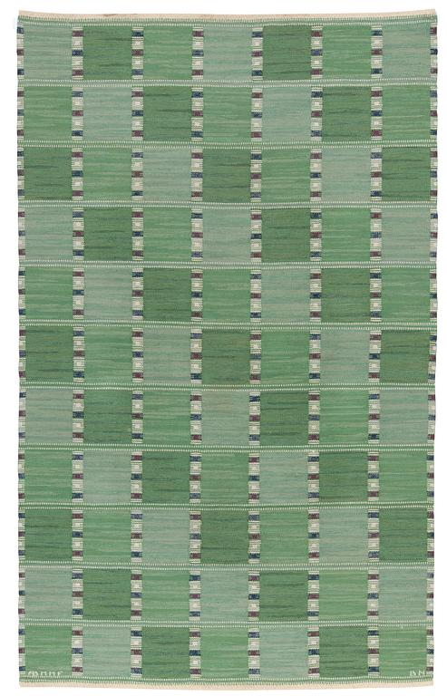 CARPET. "Falurutan Grön, Folksam". Flat weave. 301 x 186 cm. Signed AB MMF BN.