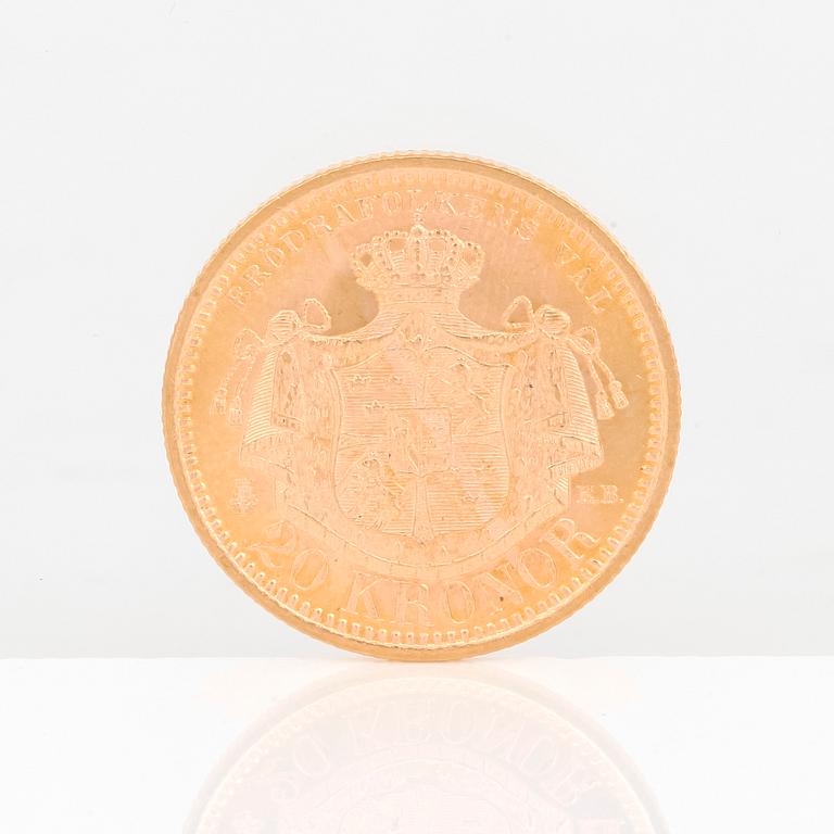 GULDMYNT, 20 kronor, Oscar II av Sverige och Norge 1901. Vikt ca 9 gram.
