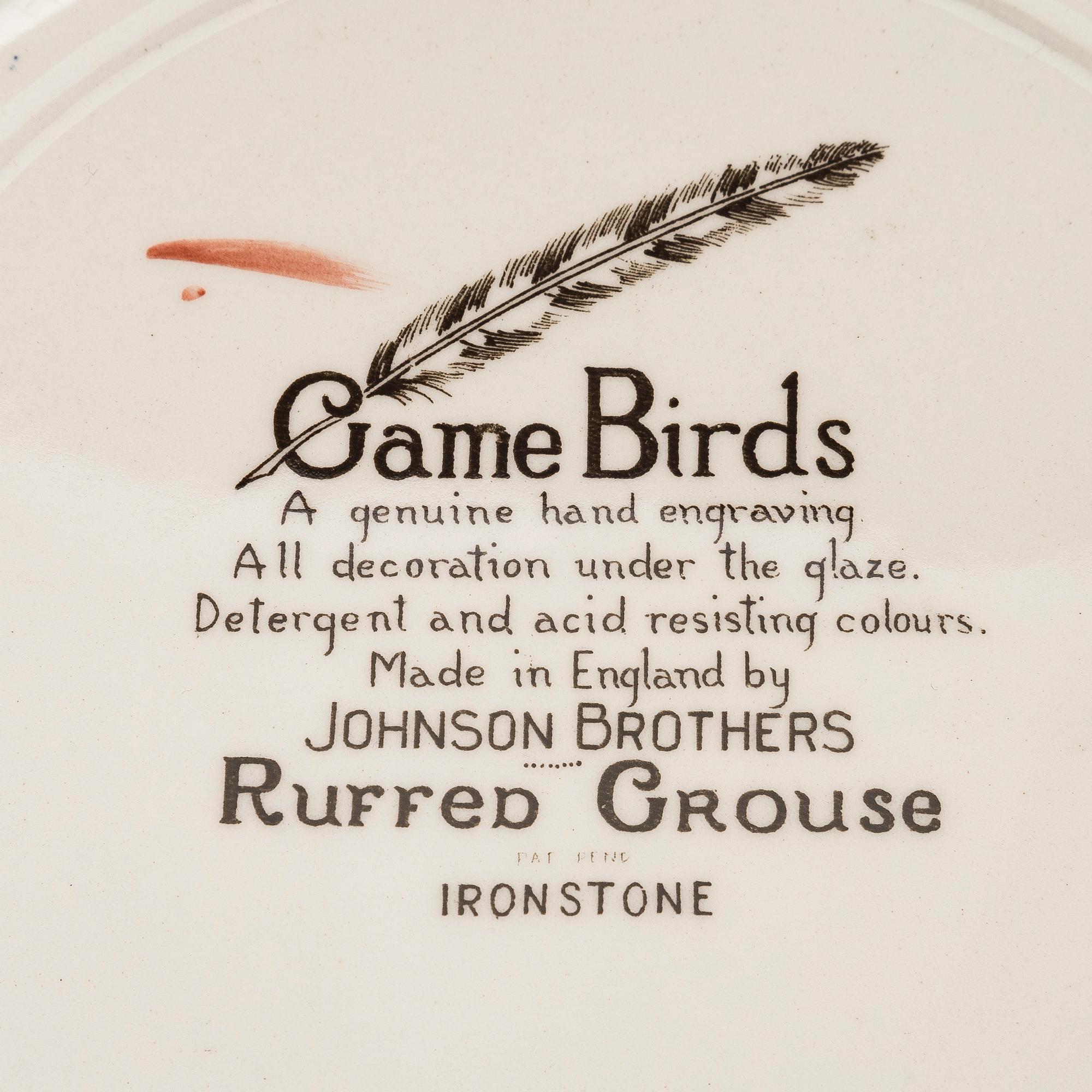 Tallrikar, 9 st "Birds"  flintgods, Johnson bros, England 1900-talets första hälft/mitt.
