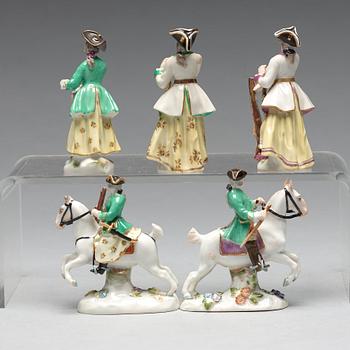 MINIATYR FIGURINER, fem stycken, porslin. Meissen, 1900-tal.