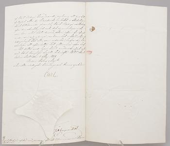 DOKUMENT MED KUNGLIG AUTOGRAF, 2 st, Kronprins Karl (XV) resp Konung Oscar II av Sverige, dat Stockholm 1858 resp 1898.