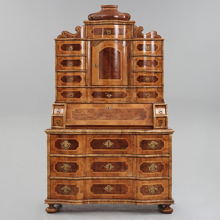 A South German late Baroque walnut and burr-walnut writing cabinet, first part of the 18th century.