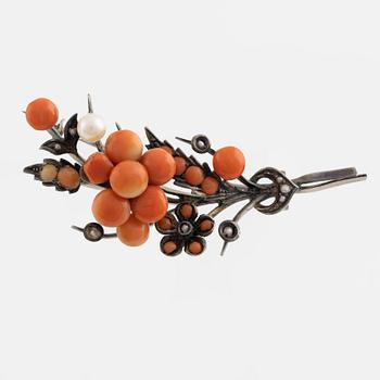 Silver and coral earrings and brooch.